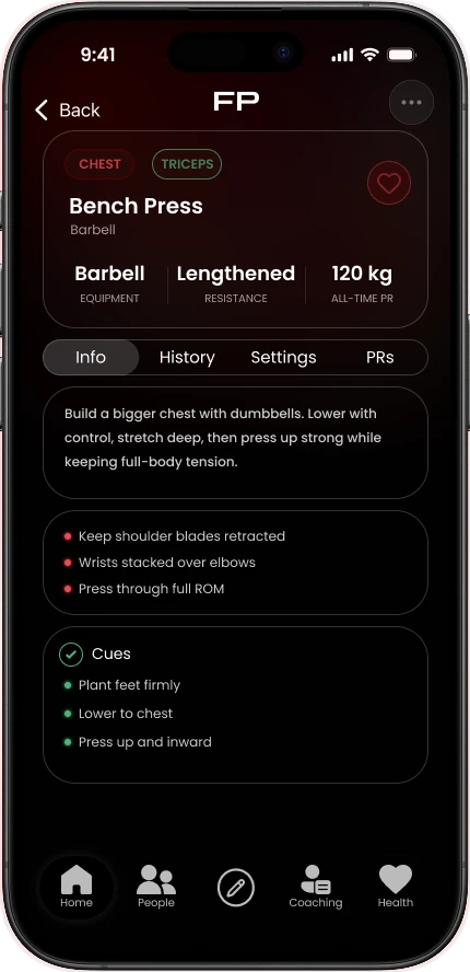 Bench Press detail screen with equipment, resistance profile and form cues