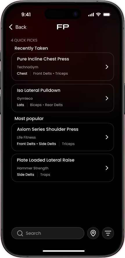 Exercise picker with recently used and popular machines