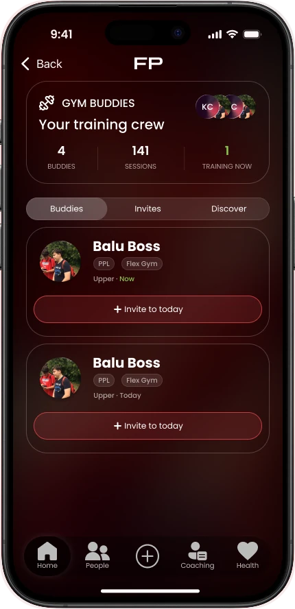 Gym Buddies screen with your training crew and an Invite to today button