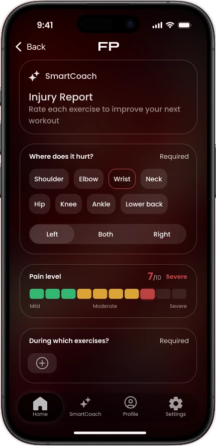 Injury report with the painful area, a pain level and the exercises where it hurt