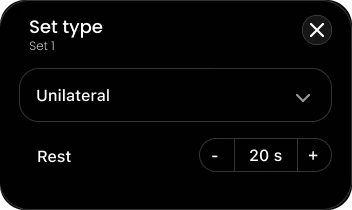 Set type panel with Unilateral selected and a 20 second rest
