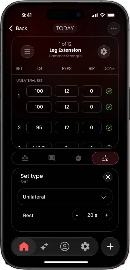 Workout screen logging Leg Extension sets
